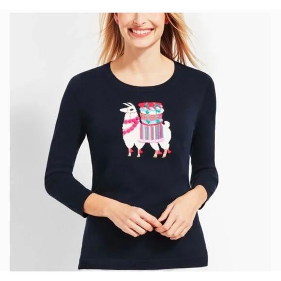 Talbots embellished Pom Pom lama sweater women’s size SP Navy - Picture 1 of 6